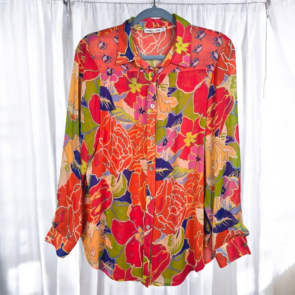 Figueroa & Flower Shirt Women Large Sheer Bright Floral Print Button Down‎